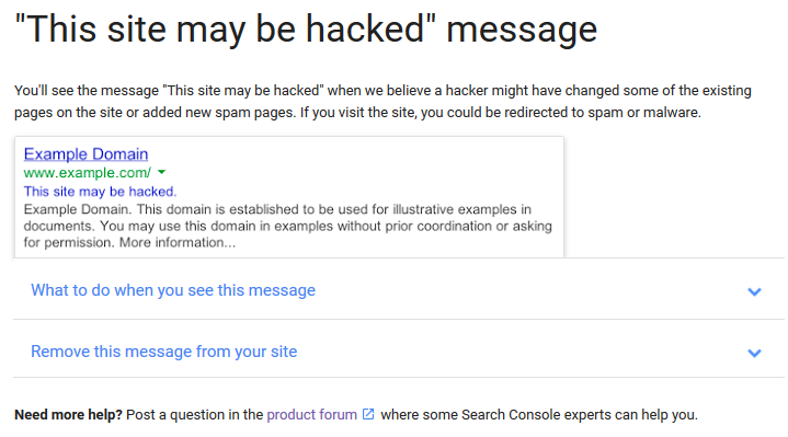 Google Message "This Site May Be Hacked"