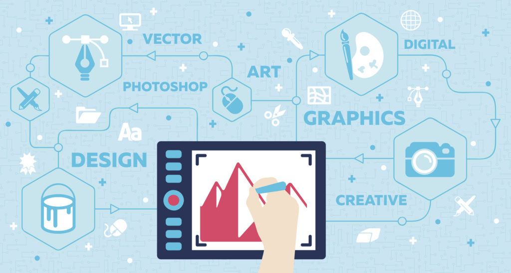 A graphic design concept with a designer's hand holding a pen over a drawing tablet. The design is surrounded by related words and icons.
