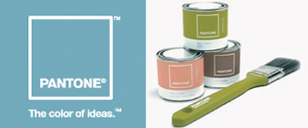 Pantone logo on the left with the tagline "The color of ideas." On the right, three cans of Pantone paint in different colors are stacked with a paintbrush placed in front, highlighting when to use CMYK colors v. Pantone colors for precision.
