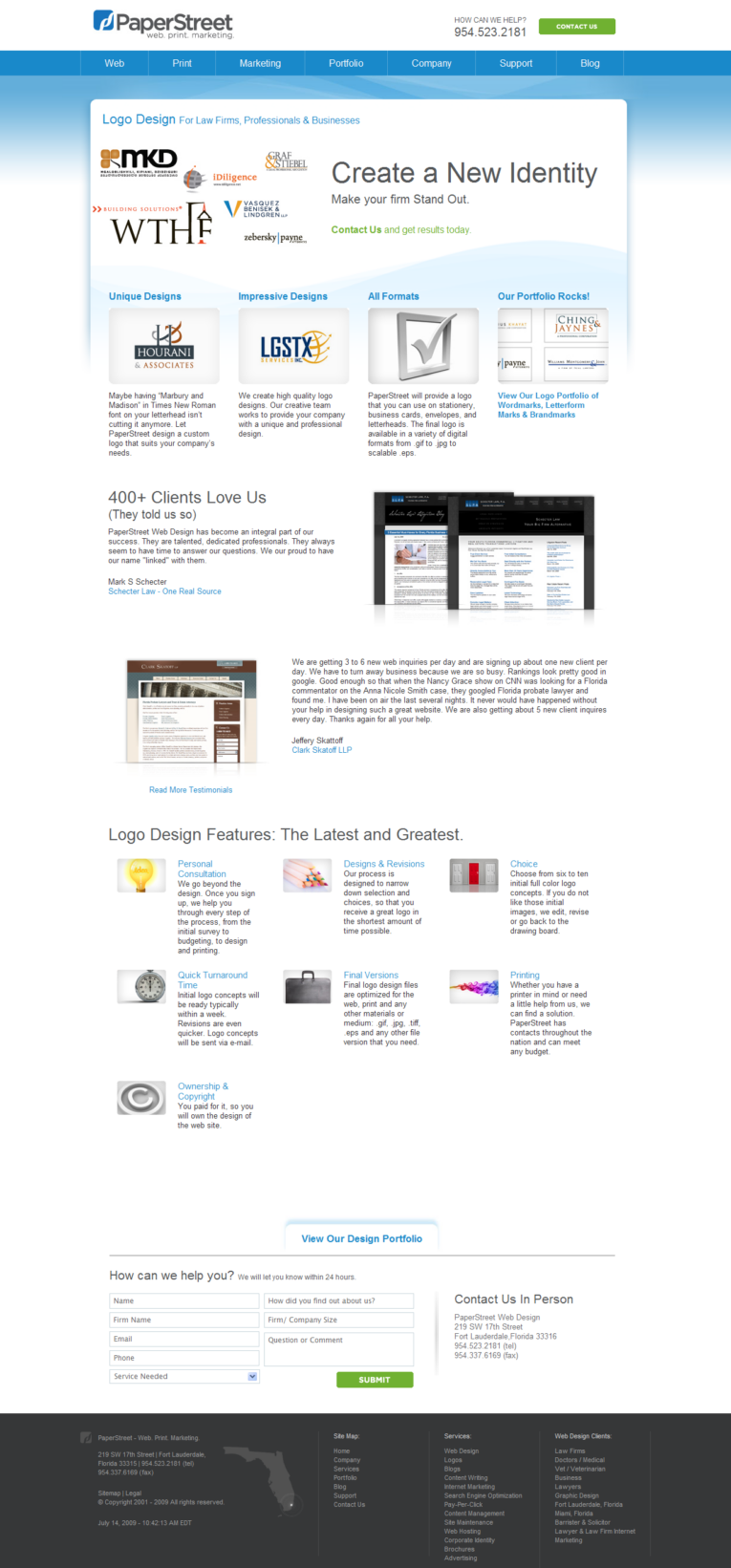 A webpage for PaperStreet's logo design services showcases various logos, client testimonials, design formats, and features. Every page is a landing page aimed to make a good impression, with the bottom including contact information and a call-to-action to view design portfolios.