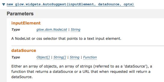 Screenshot showing code documentation for "glow.widgets.AutoSuggest" with parameters "inputElement" (a NodeList or CSS selector) and "dataSource" (an array of objects/strings, a function, or a URL)—ideal for those exploring 7 Useful Technology Links from Start to Finish.