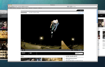 A computer screen displays a web page with a video of a person performing a skateboard trick at a nighttime skatepark, surrounded by the title "7 Useful Technology Links from Start to Finish.