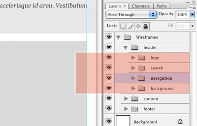 Screenshot of a Photoshop workspace displaying the Layers panel, highlighting several layers such as header, logo, search, and navigation. It's like navigating "7 Useful Technology Links from Start to Finish" within your design steps.