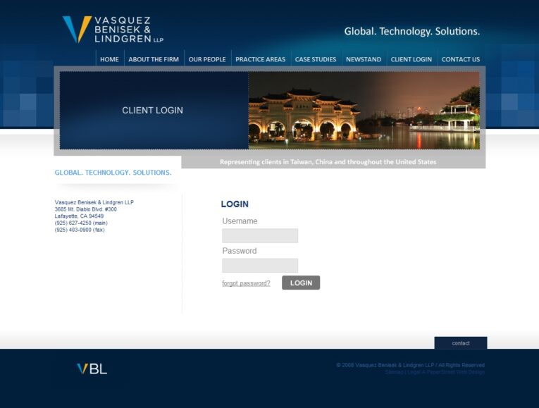 Website login page for Vasquez Benisek & Lindgren LLP, featuring fields for username and password, a login button, and options for forgotten passwords. The firm represents clients in Taiwan, China, and the USA.