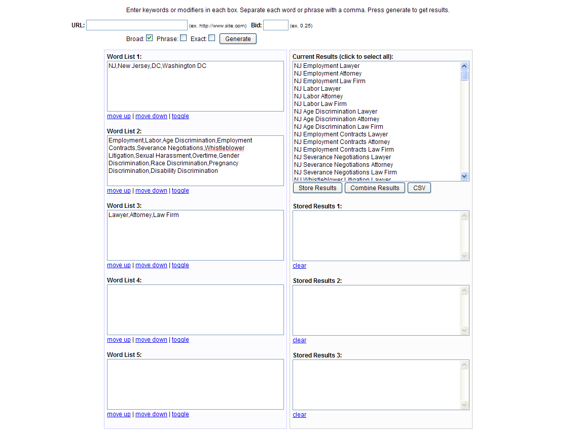 Generate Keyword Phrase List Screenshot of an SEO keyword generator tool with various input fields, including URL, word lists, current results, stored results, and options to move and clear words. SEO Keyword Research in 3 Minutes: Knowing is Half the Battle . . . GI SEO!