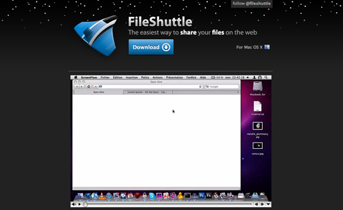 A screenshot of the FileShuttle website displaying a "Download" button for Mac OS X, with an open file window and icons on the right side of the desktop background, exemplifying techniques discussed in Week 4 - Insightful Web Design Development and Marketing Links.