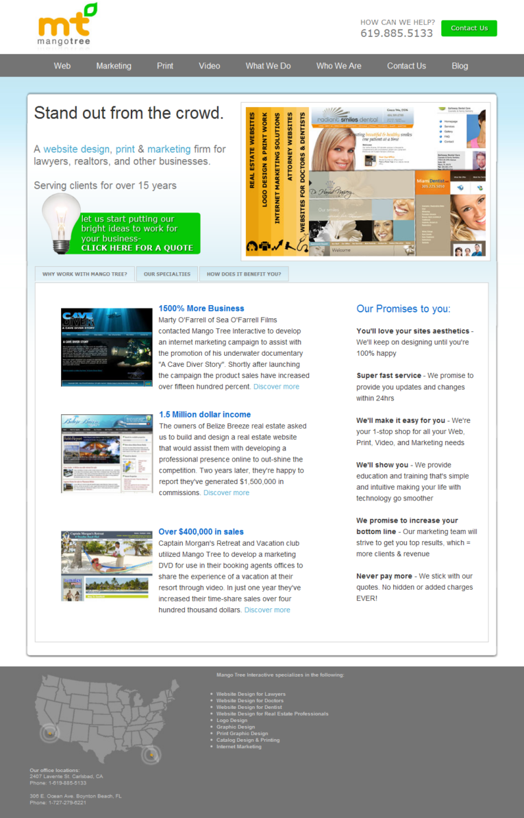 A webpage from MangoTreeOnline.com showcases its website design, print, and marketing services for realtors and other businesses. It highlights client success stories and company promises, with contact information included. Inspired by PaperStreet.com’s approach, MangoTree is dedicated to excellence.
