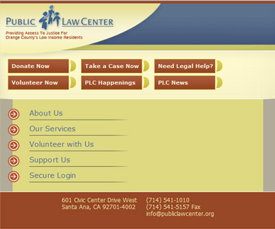 Discover our Public Law Center webpage tailored for mobile web design for lawyers, featuring buttons for Donate Now, Volunteer Now, Take a Case Now, Need Legal Help?, PLC Happenings, and PLC News. Contact info is at the bottom—experience user-friendly access with these 4 basics every mobile site should have.