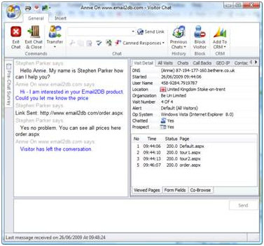 A screenshot of an email chat interface shows a conversation between two users discussing interest in email2db products, access to a web page for more information, and prices. This discussion highlights that top live chat vendors are recommended for businesses and law firms. Display includes contact info and timestamps.