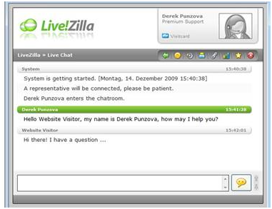 LiveZilla chat interface showing a support conversation. The system notifies about setup. Derek Punzova, a Premium Support agent, greets the visitor, who responds with a question. LiveZilla is one of the Best Live Chat Vendors — Recommended for Businesses and Law Firms seeking reliable customer service tools.