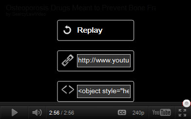 Screenshot of a YouTube video player at the end of a video. Visible buttons include Replay, a link icon, and an embed icon with code. The video duration shows 2:56 / 2:56.