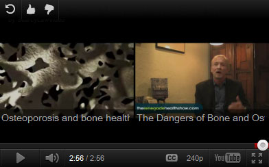 Screenshot of a YouTube video showing two side-by-side sections: one with an image of bone structure labeled "Osteoporosis and bone health," and the other with a man talking, labeled "The Dangers of Bone and Os.