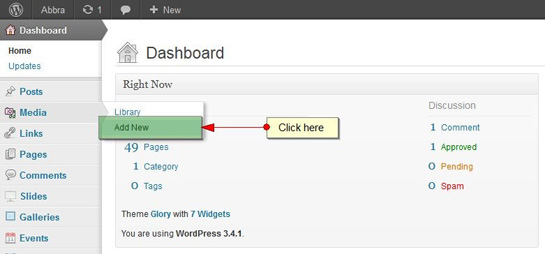 step1 Screenshot of a WordPress dashboard showing the "Add New" option under "Library" in the "Media" menu. A yellow box with an arrow and text says, "Click here." This image demonstrates how to add media files in WordPress.