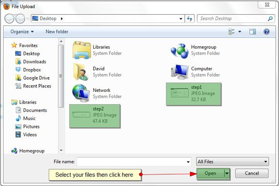 step3 Screenshot of a file upload window showing various folders. A yellow highlight box around the 'Open' button at the bottom right and a red arrow pointing to it with the text "Select your files then click here." Perfect for instructions on how to add media files in WordPress.