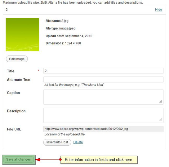 step4 A file upload page with fields for file name, type, upload date, dimensions, title, alternate text, caption, and description. A "Save all changes" button is highlighted at the bottom left. Navigate through "How to Add Media Files in WordPress" to better manage your uploads.