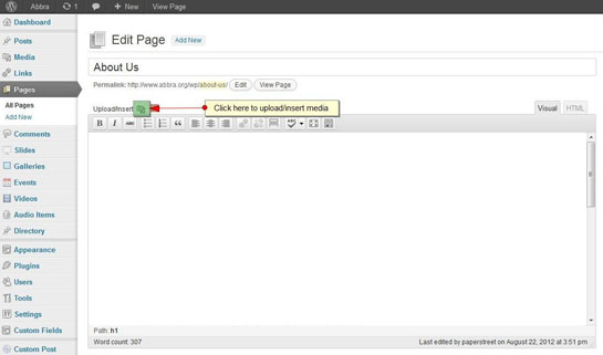 step5 Screenshot of a WordPress editing page for "About Us," showing a blank text editor with an arrow pointing to the "Upload/Insert" button. This illustrates how to add media files in WordPress, making it easy to enhance your content with images and videos.