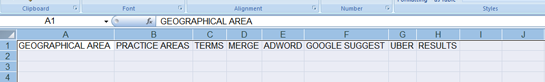 A screenshot of an Excel spreadsheet with columns labeled: "GEOGRAPHICAL AREA," "PRACTICE AREAS," "TERMS," "MERGE," "ADWORD," "GOOGLE SUGGEST," "UBER," and "RESULTS" highlights the importance of 7 Steps to Effective Keyword Research for organizing data.