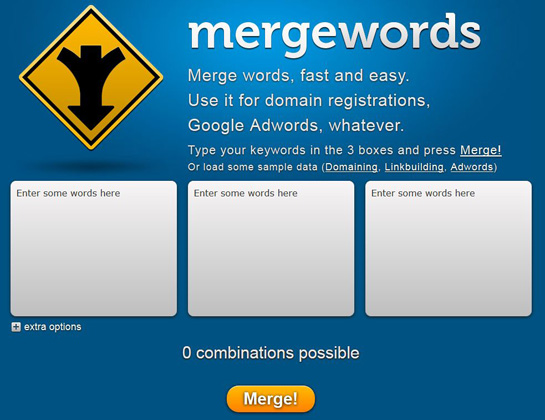 Screenshot of Mergewords tool interface showing options to combine words for domain registrations or Google AdWords. Three input boxes are provided for words with a "Merge!" button below them, perfect for following the 7 Steps to Effective Keyword Research.