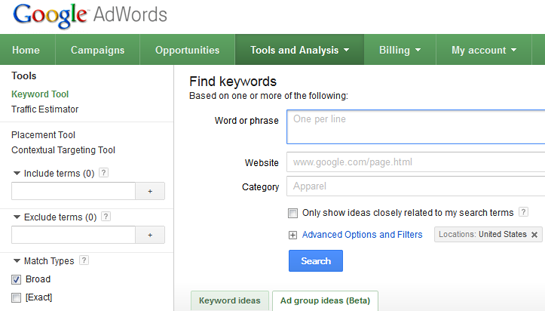 Google AdWords interface showing the "Find keywords" tool, where users input words or phrases to generate keyword ideas. Options for website, category, match types, and filters are visible on the left side, aligning with the principles of "7 Steps to Effective Keyword Research" for optimal results.