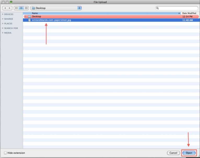 A file upload window showing a selected file named "eclakmdando.com-paperstreet.jpg" from the Desktop folder. The "Open" button at the bottom right is highlighted, making it easy to pin like a Pinterest pro with our simple how-to.