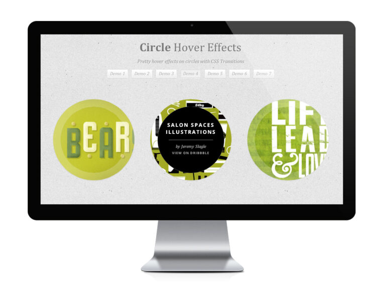 A computer monitor displaying a webpage titled "Circle Hover Effects" with three circular graphic buttons labeled "Bear," "Salon Spaces Illustrations," and "Life, Lead & Love." This demo showcases the latest and greatest in creative website functionality: top 5 demos to get inspired by.