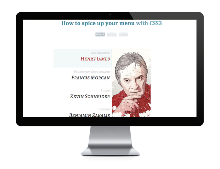 Computer monitor displaying a webpage titled "How to Spice Up Your Menu with CSS3" with an illustrated image of an elderly man and several names listed below the image, showcasing "The Latest and Greatest in Creative Web Site Functionality: Top 5 Demos to Get Inspired By.