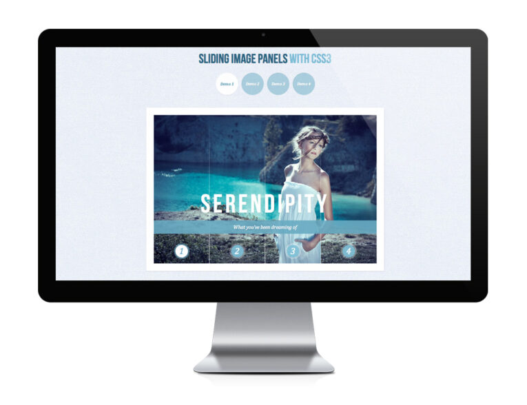 A computer monitor displays a website titled "Sliding Image Panels with CSS3," showcasing an image of a woman by the sea, labeled "SERENDIPITY." Four numbered buttons are beneath the image. Experience the latest and greatest in creative web site functionality: top 5 demos to get inspired by.