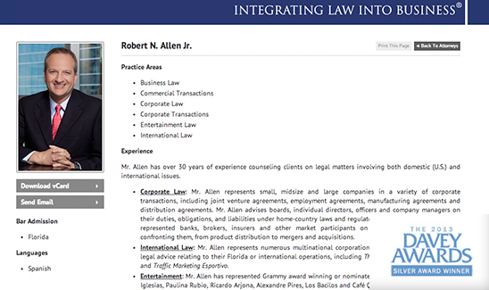 Webpage featuring Robert N. Allen Jr. with practice areas in various law fields, a profile picture, contact options, and a "Davey Awards" badge for 2013. Notably, PaperStreet Wins Multiple Awards in 2013 is highlighted on the page.