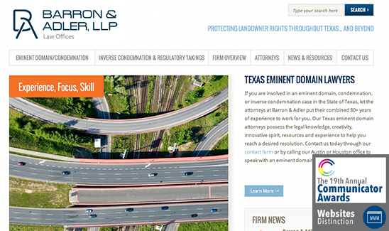 Screenshot of Barron & Adler, LLP website. Text highlights their expertise in Texas eminent domain law. An aerial view of a highway interchange is displayed. Sidebar notes their 19th Annual Communicator Award and that PaperStreet wins multiple awards in 2013.