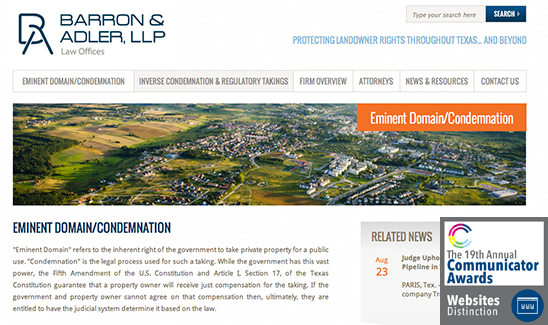 Screenshot of a law firm's website homepage with sections on eminent domain, inverse condemnation, and regulatory takings. The award-winning site, recognized as part of "PaperStreet Wins Multiple Awards in 2013," includes a search bar and navigation menu.