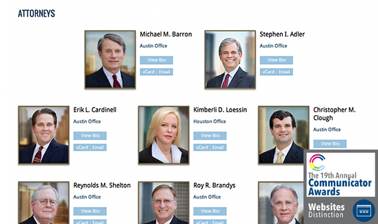 A grid layout displays professional profile pictures and names of eight attorneys from various office locations, with buttons to view their bios or vCards. A badge for the 19th Annual Communicator Awards is visible, highlighting that PaperStreet Wins Multiple Awards in 2013.