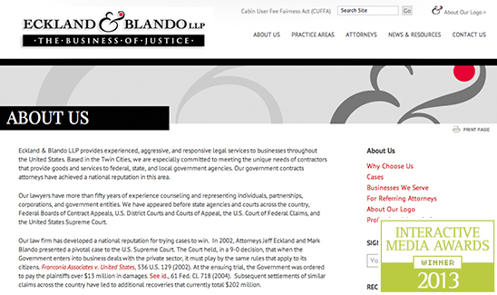 Screenshot of Eckland & Blando LLP's "About Us" webpage, detailing their specialized legal services. The page features a navigation menu, firm description, and a 2013 Interactive Media Awards badge highlighting PaperStreet Wins Multiple Awards in 2013.