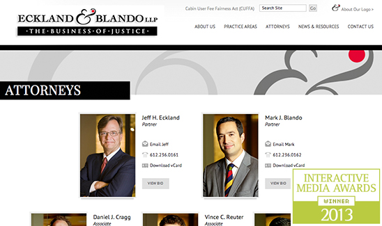 Screenshot of the Eckland & Blando law firm's website. It features attorney profiles, a search bar, and a banner for "Interactive Media Awards Winner 2013," highlighting how PaperStreet Wins Multiple Awards in 2013.