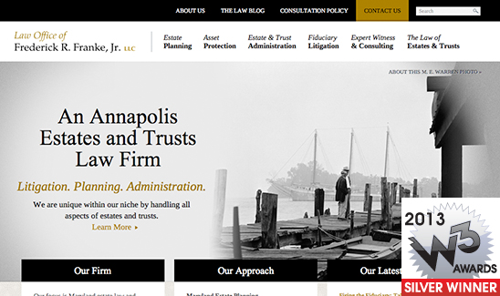 Screenshot of a law firm's website showcasing estate and trust services, with an image of a dock, a logo for "Frederick R. Franke, Jr.", and a 2013 Silver Winner W3 Award badge. PaperStreet Wins Multiple Awards in 2013 is highlighted alongside the badge.
