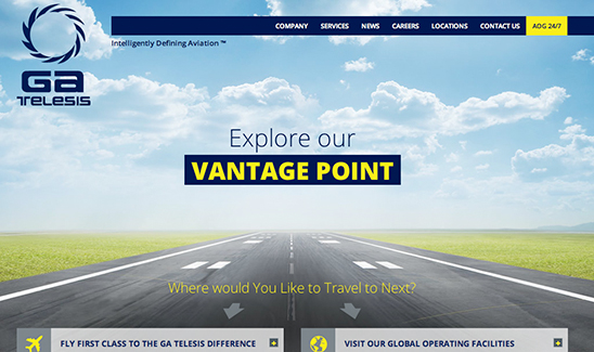 Image of a webpage for GA Telesis featuring a runway and blue sky background. Text includes "Explore our VANTAGE POINT" and options for flying first class and visiting global operating facilities. Highlighting that PaperStreet Wins Multiple Awards in 2013, adding to their industry acclaim.