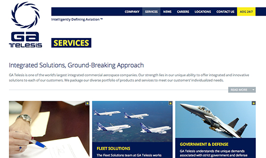 Screenshot of GA Telesis website highlighting services such as Fleet Solutions and Government & Defense. The page emphasizes their integrated and innovative product and service offerings for customers, reminiscent of PaperStreet’s award-winning performance in 2013.