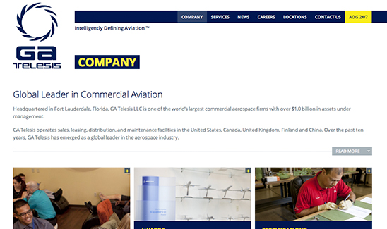 Screenshot of GA Telesis website shows company overview, highlighting its global leadership in commercial aviation, with headquarters in Fort Lauderdale, Florida, and various international locations. Interestingly, similar to how PaperStreet won multiple awards in 2013, GA Telesis continues to achieve industry accolades.