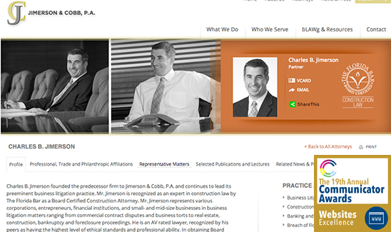 A webpage showcasing Charles B. Jimerson, a partner at Jimerson & Cobb, P.A., featuring his photo, contact information, and professional details. An award icon for website excellence is displayed in the corner, highlighting that PaperStreet Wins Multiple Awards in 2013.