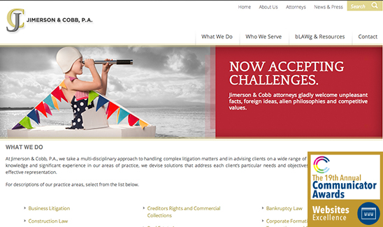 Screenshot of a law firm's website with a child in a sailor's hat looking through a telescope. The text reads "Now Accepting Challenges" and details various legal services offered. A communicator award badge is visible, highlighting PaperStreet Wins Multiple Awards in 2013.