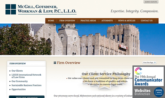 Screenshot of the McGill, Gotsdiner, Workman & Lepp, P.C., L.L.O. law firm website displaying the homepage with navigation options, a firm overview, and an award icon for website distinction. PaperStreet Wins Multiple Awards in 2013.