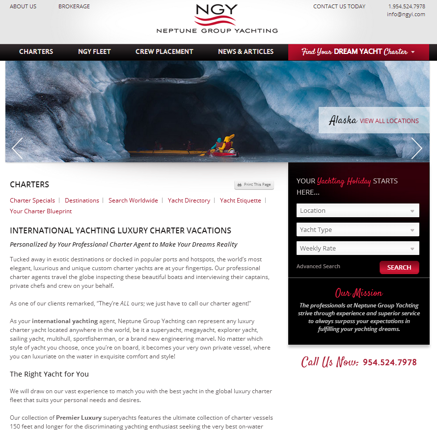 Screenshot of Neptune Group Yachting website featuring information on international yachting luxury charter vacations. The page includes navigation links, a search function, and contact details. Notably, Neptune Group Yachting is highlighted for its association with PaperStreet Wins Communicator 2014 Gold Award of Excellence.
