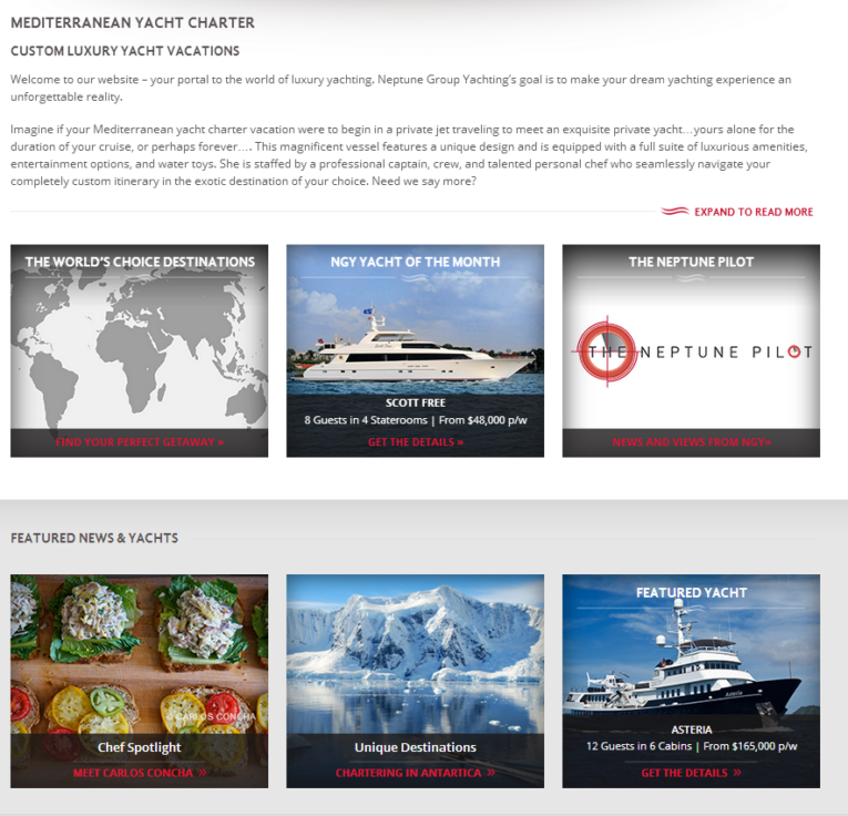 A website offering Mediterranean yacht charter services, featuring yachts of the month, chef spotlights, unique destinations, and notable yachts. Options include Atlantis and Scott Free. Proudly designed by PaperStreet Wins Communicator 2014 Gold Award of Excellence.