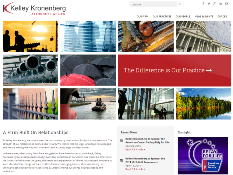 Image of a law firm's homepage with various thumbnail images, including a courtroom, handshakes, and a city skyline. The firm's name, Kelley Kronenberg, and tagline "The Difference is Our Practice" are displayed. Notably designed by PaperStreet Wins 2014 Silver Communicator Award.