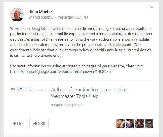 Screenshot of a social media post by John Mueller about improvements to the visual design of search results, including better mobile experience and a simplified Google authorship display.