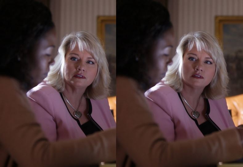 Two women are sitting indoors having a conversation. The woman on the right with blonde hair and a pink blazer looks intently at the other woman, as if discussing the latest tips from "Part 2: Using Photoshop to Enhance Your Website Photographs.