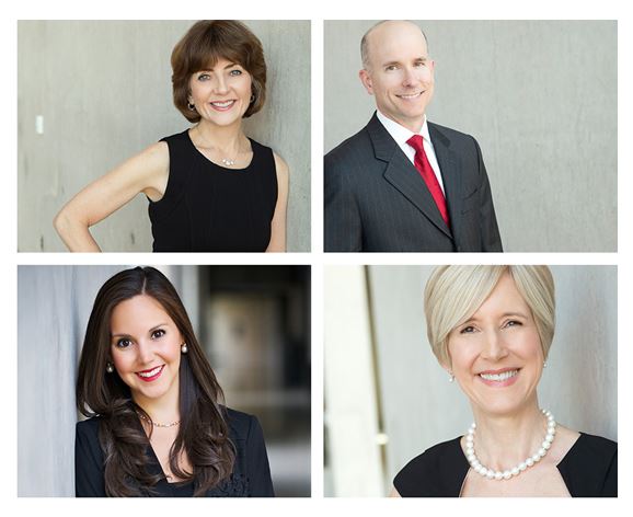 Four professional headshots of two women and two men in business attire, arranged in a grid against a plain, light-colored wall. Part 2: Using Photoshop to Enhance Your Website Photographs offers techniques to make these images even more striking. 