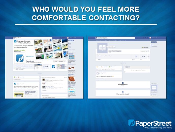 Comparison of two online profiles, side by side. The left shows a detailed, engaging profile demonstrating the benefits of Internet marketing, while the right displays an empty, incomplete one. Text above asks, "Who would you feel more comfortable contacting?" Reinforcing the importance of social media.