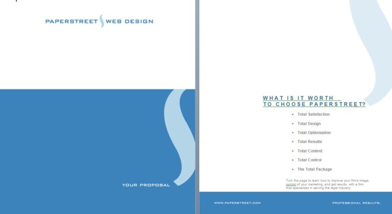 A professionally designed web design proposal from PaperStreet, echoing the charm of Old School PaperStreet Proposals, features a clean blue and white layout with key benefits listed, such as total satisfaction, total design, and total optimization.