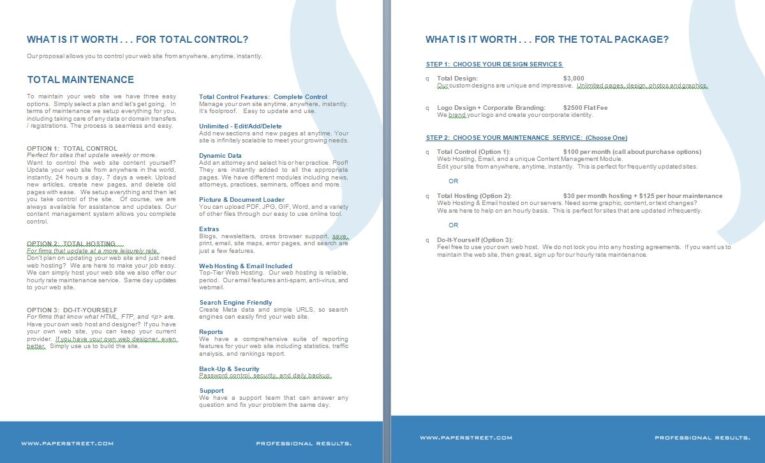 Two-page brochure detailing "Total Maintenance" services with steps for choosing a design service and maintenance package. Featuring an old school blue and white color scheme reminiscent of classic PaperStreet proposals, complete with contact information for PaperStreet.