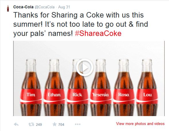 An image of six Coca-Cola bottles with personalized labels reading Tim, Ethan, Rick, Yesenia, Rosa, and Lou. The caption encourages you to share a Coke with friends and find bottles with their names. It's as exciting as learning Twitter terms every beginner needs to know! #ShareaCoke